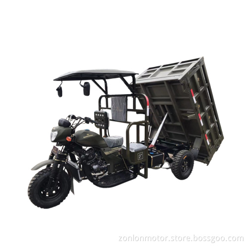 Self dumping motor tricycle for construction sites